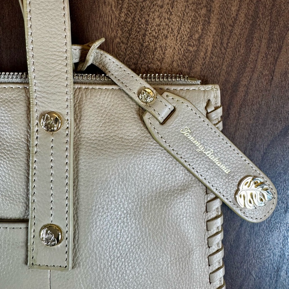 Tommy Bahama Tan Whipstitch Leather Shoulder Tote Bag - Picture 7 of 14